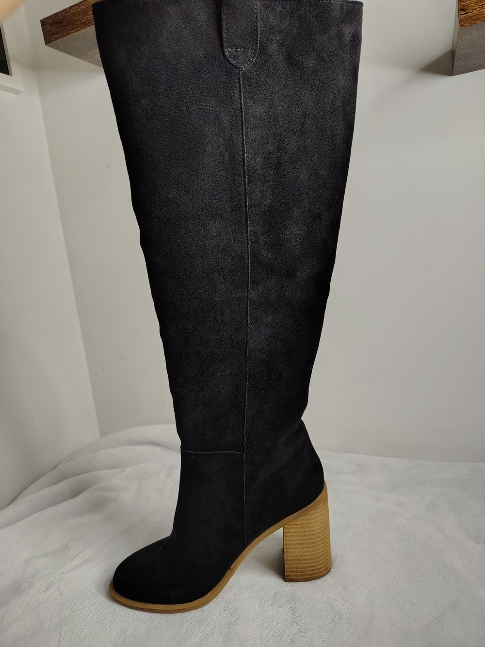 Tall Black Knee-High Boot with Stacked Heel